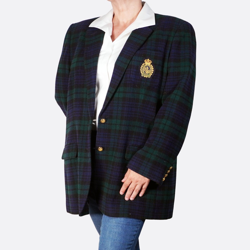 Ralph Lauren Wool Cashmere XXL 2X Blackwatch Plaid Crest Blazer 90s Vintage